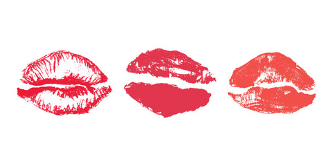Set of lipstick kiss print Different shapes and colors imprint of lips Red pink female sexy lips makeup Design elements for beauty fashion poster Valentines Day wedding