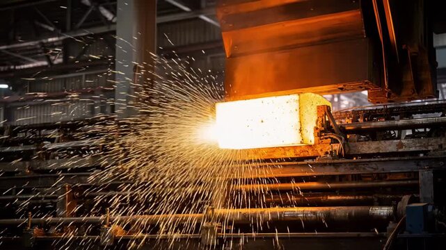 Focused on searing billet advancing toward an automated shear heavy sparks fly vividly contrasted by the soft blur of the factorys metallic environment.