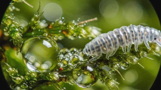 Macro shot of a springtail on a mossy surface with water droplets.