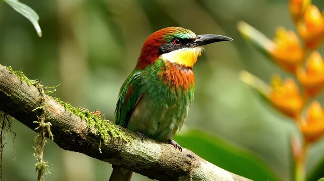 Colorful Cuban Tody perched on a branch in a lush forest.