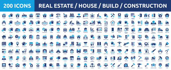 Huge set of 200 solid icons. Mega collection concept of house, home, real estate, building and construction. Vector illustration.