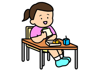 学校生活　机でランチをとるアジア人の女の子（サンドイッチ）