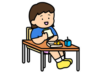 学校生活　机でランチをとるアジア人の女の子（サンドイッチ）