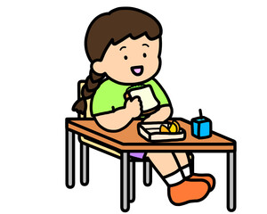 学校生活　机でランチをとるアジア人の女の子（サンドイッチ）