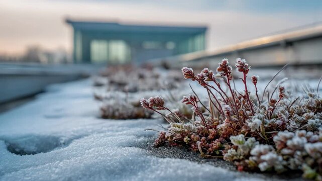 Winter dormancy captured on hospitals vegetated roof closeup of frostcovered plants in clear focus with softly diffused surgical center structure behind.