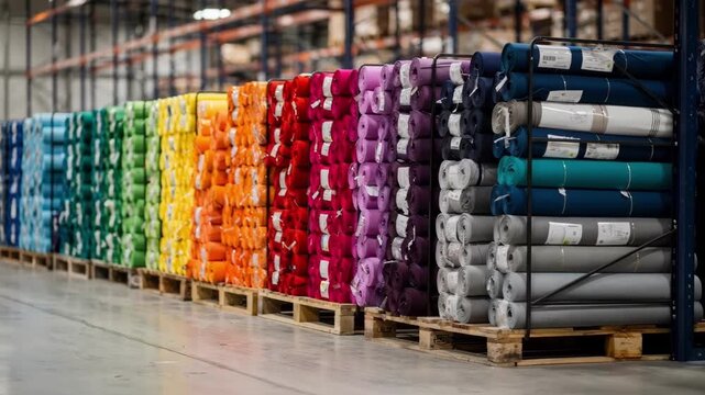 Colorsorted fabric bolts displayed on stacked pallets in a medium shot highlighting vibrant hues arranged by shade to streamline order picking and shipment preparation.