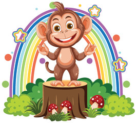 Naklejka premium Smiling Cartoon Monkey on Tree Stump with Rainbow Background