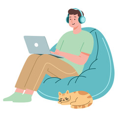 Young Man Working from Home with Cat