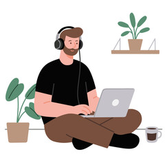 Freelancer Sitting on Floor Working with Laptop