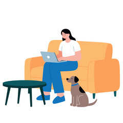 Woman Working from Home on Sofa with Dog