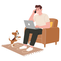 Man Working Remotely with Laptop and Dog
