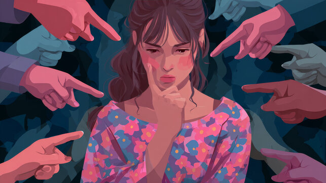 Sad or depressed young woman surrounded by hands with index fingers pointing at her. Concept of quilt, accusation, public censure and victim blaming. Flat cartoon colorful vector illustration.