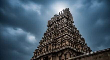 Ancient Hindu Temple Gopuram Tower Under Dark Stormy Monsoon Clo