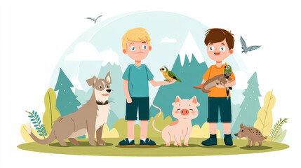 Fototapeta na wymiar Children with pets flat vector illustrations set. Happy domestic animals owners cartoon characters pack. Kids playing with different home pets. Mountain dog, mini pig, cute budgerigar and ferret.