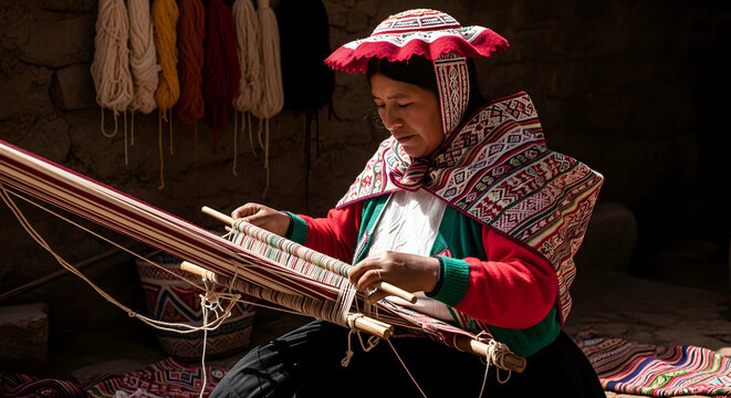 Andean woman in traditional Peruvian clothing weaving on a backs