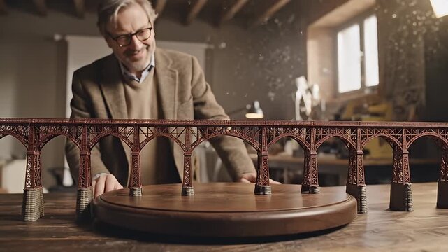 Man building a miniature bridge model.