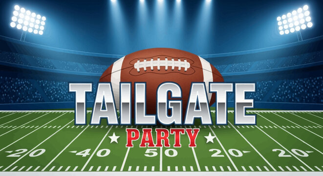American football field with a football and tailgate party text on a green turf with stadium lights