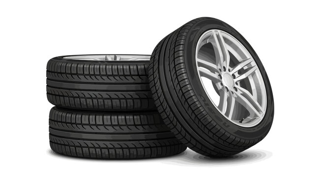 Stack of four black car tires with silver rim on white background
