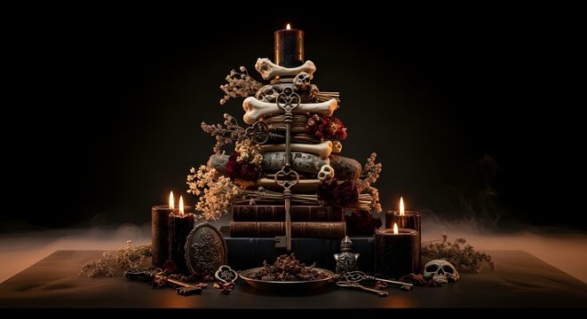 A spooky ritual arrangement featuring a stack of bones, ancient books, and a large skeleton key. Surrounded by burning black candles and atmospheric mist on a dark surface, this image captures the ess