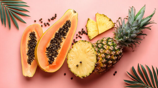 Top view of flat lay with sliced papaya and pineapple on pink background. Tropical fruits.