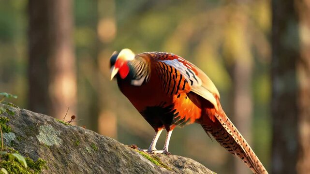 Vibrant Golden Pheasant perched on a mossy rock in a forest.