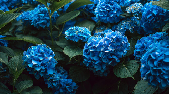 From above of lush bush with abundance of colorful blue Hydrangea flowers with green leaves growing in garden on summer day
