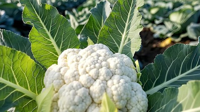 A vibrant close-up shot captures a healthy, mature cauliflower head thriving in an agricultural field under bright, natural daylight. The intricate, crisp white florets are beautifully framed by its l