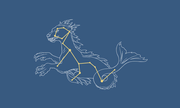 ネイビー色の背景に浮かぶくじら座のイラスト（くじらの絵とゴールド色の星座線）