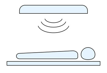 Radiation Therapy Treatment Icon with Patient on Table, Medical Radiotherapy Equipment and Beam Illustration for Cancer Care, Hospital Treatment Guidance, Healthcare Infographic Use