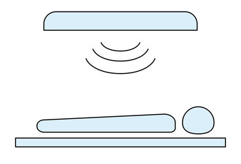 Radiation Therapy Treatment Icon with Patient on Table, Medical Radiotherapy Equipment and Beam Illustration for Cancer Care, Hospital Treatment Guidance, Healthcare Infographic Use