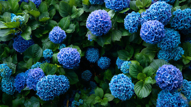 From above of lush bush with abundance of colorful blue Hydrangea flowers with green leaves growing in garden on summer day