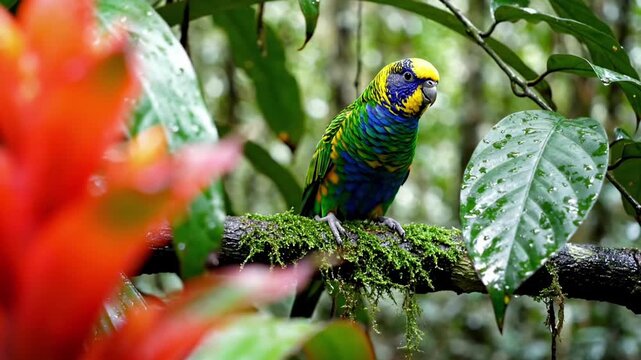 Vibrant tropical parrot perched on a mossy branch in a lush rainforest.