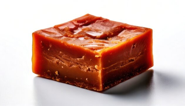 Delicious Caramel Cube on White Background, Close-Up Shot.