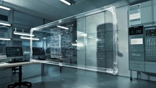 Futuristic Laboratory Background with Transparent Digital Interface Displaying Complex Data Analysis and Coding Sequences in a High-Tech Medical or Engineering Research Facility, 4K Cinematic Render.