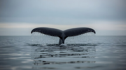 Whale tail above the ocean water. Majestic wildlife.

