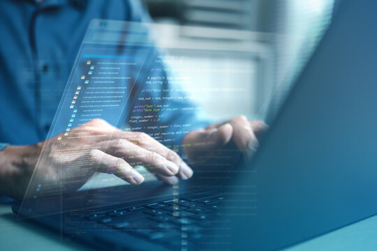 Programmer working on laptop with virtual code interface overlay, representing software development, web application engineering, cloud computing, and modern digital technology innovation.