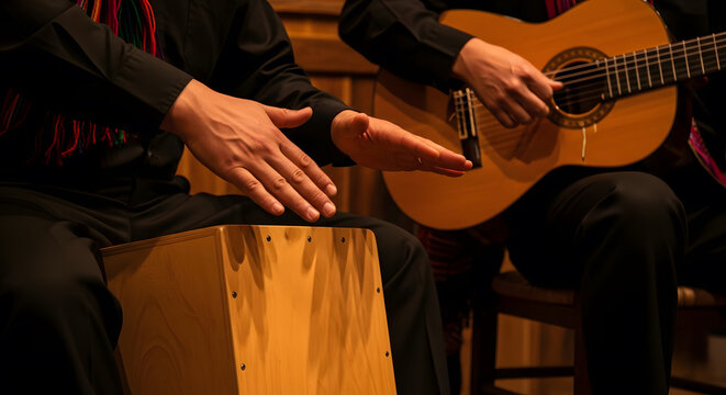 Close up of musicians hands playing a wooden cajon drum and acou