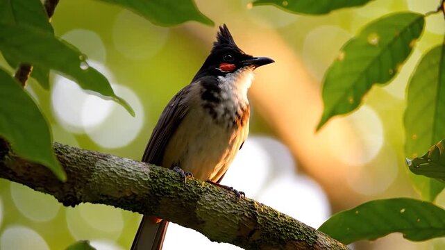 A Red-whiskered bulbul bird perches on a branch in a forest