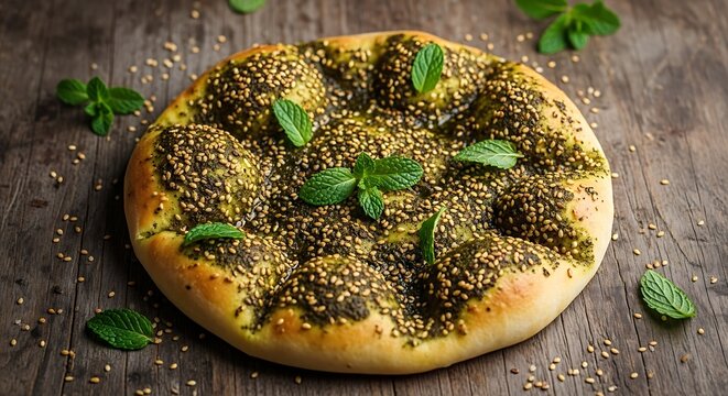 Delicious Zaatar Manouche Flatbread with Fresh Mint on Wooden Surface.
