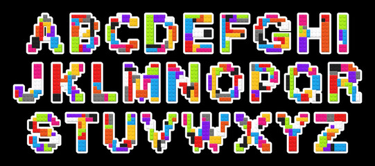 English font alphabet made with colored plastik constructor parts and white stroke isolated on black background. Play and build concept. Vector illustration © boxerx