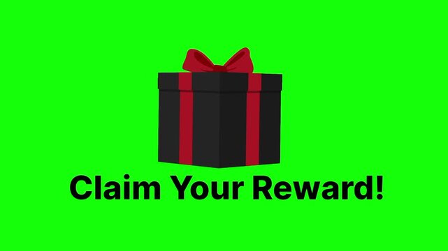 Claim Your Reward text animation concept with present gift box vector icon symbol popup. Animated black word design, editable lettering motion graphic video template with green screen background.