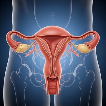 Female Reproductive System Anatomy - Uterus, Ovaries, and Fallopian Tubes in a Transparent Body.