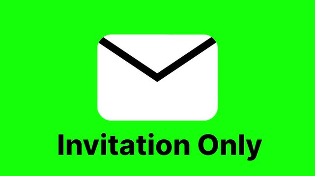 Invitation Only text animation concept with envelope, mail vector icon symbol popup. Animated black word design, editable lettering motion graphic video template with green screen background.