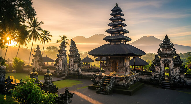 Iconic split gate Candi Bentar with tiered pagoda towers at dawn