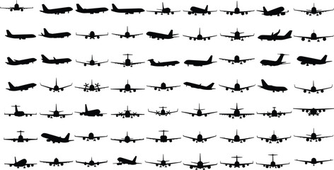 Large Collection of Airplane Silhouettes Featuring Various Aircraft Types for Aviation Travel Tourism Logistics Global Transport Industry and Commercial Flight Design Projects