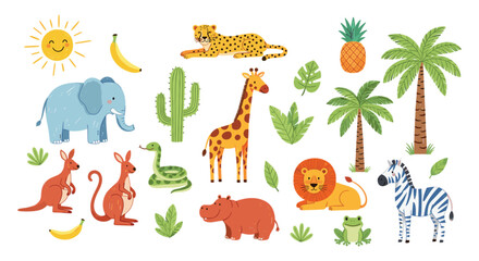 Cartoon Safari Animals and Tropical Elements with Sun and Bananas illustration cute © Click Studio