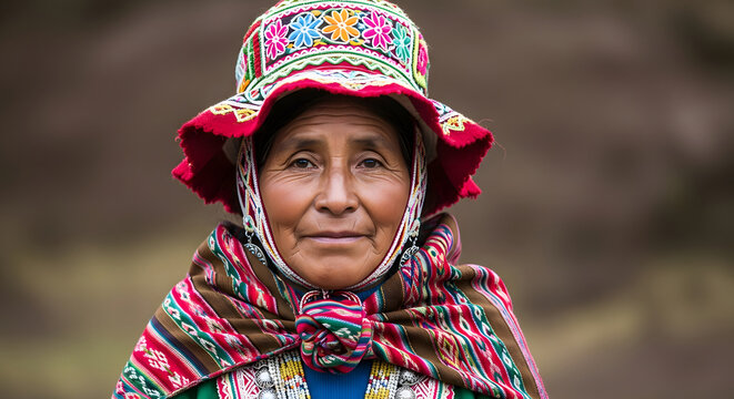 Elderly Peruvian Woman in Traditional Colorful Montera Hat and P