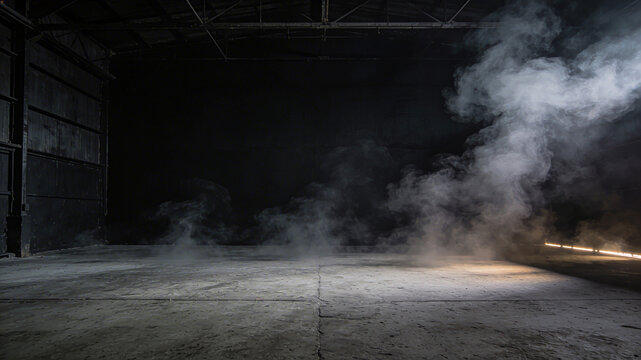 Dark Industrial Warehouse with Smoke