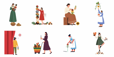 Diverse women cracking nuts with various tools, surrounded by autumn leaves, winter snowflakes, and festive elements, highlighting traditional activities and craftsmanship.