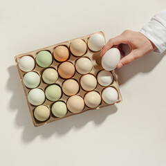 Aesthetic Easter Eggs in carton box, one in woman hand, at natural daylight, minimal style composition with white beige green colored Chicken egg with soft pastel color eggshells, organic dyed eggs.